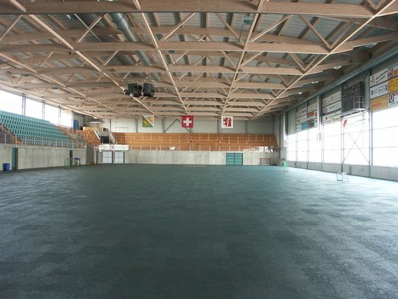 Die gesamte Eishalle im Sommerbetrieb mit dem grünen Boden und der Tribüne.